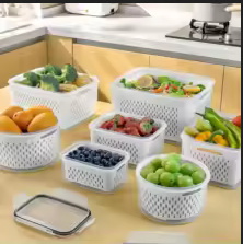 9Pcs/set Fruit Storage Containers for Fridge, Fridge with Removable Colander, All-In-One Fruit Washing Bowl with Strainer